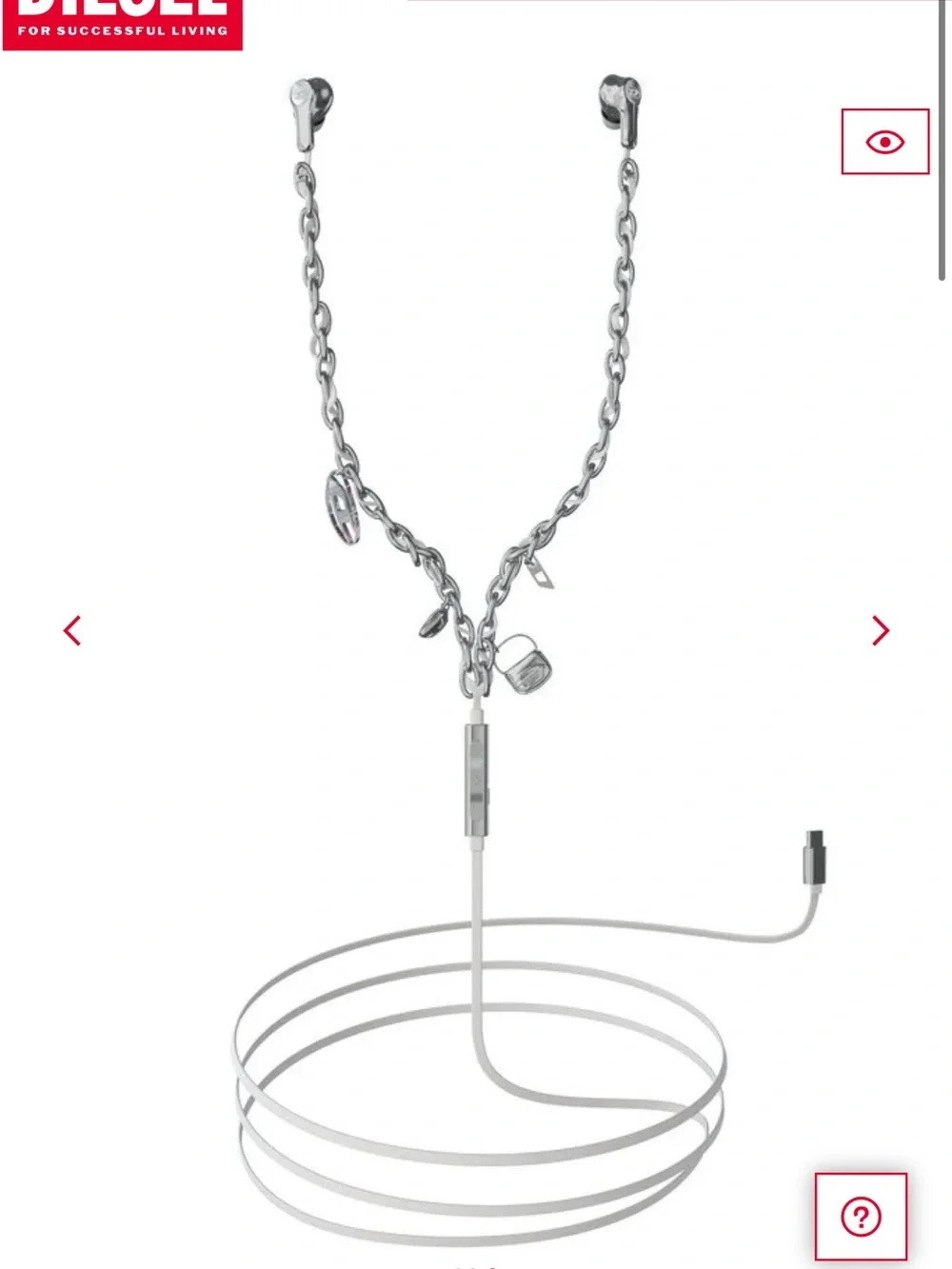 Diesel Silver Charm Chain Earphone Necklace with White Cable and Inline Control